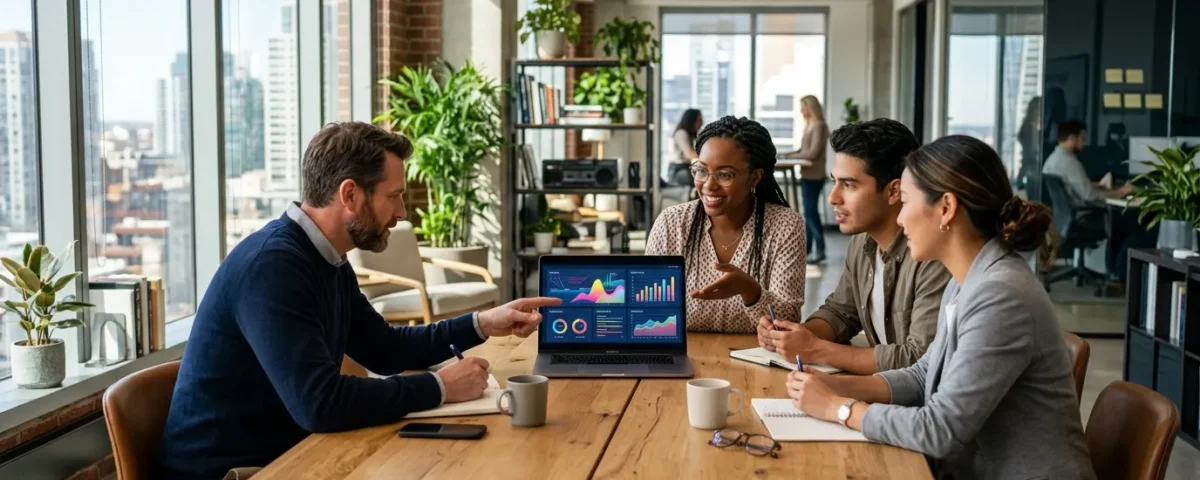 Equipe de marketing digital analisando gráficos de crescimento em reunião sobre estratégias de Inbound Marketing.