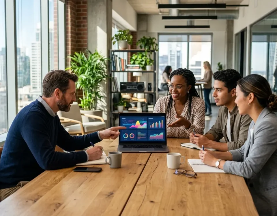 Equipe de marketing digital analisando gráficos de crescimento em reunião sobre estratégias de Inbound Marketing.