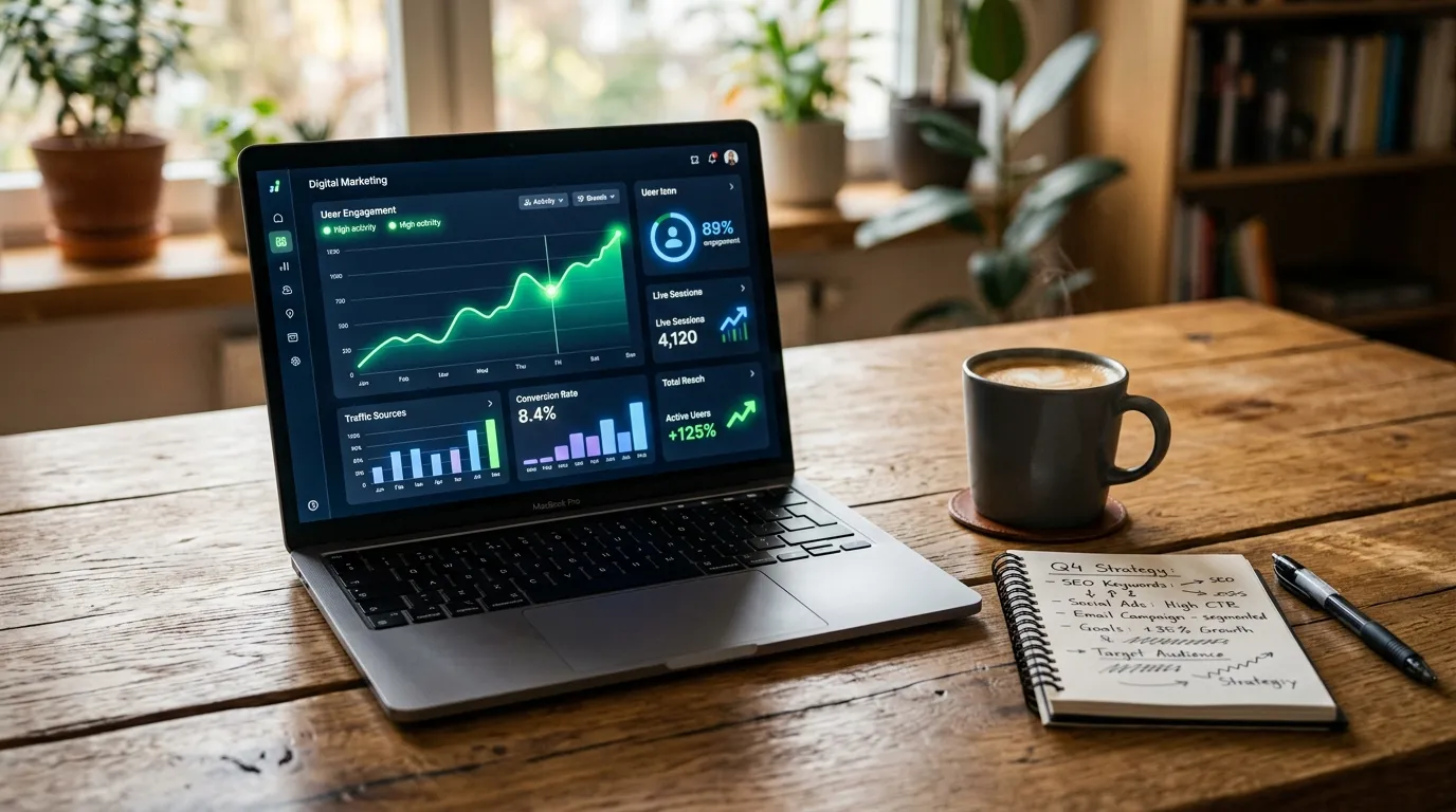 Mesa de trabalho com notebook exibindo métricas de engajamento geradas por campanhas de Inbound Marketing.